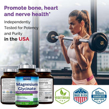 Magnesium glycinate 500 mg supplement bottle with vegetarian and made in USA badges