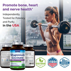Innate Vitality magnesium glycinate 500mg supplement bottles with a fit woman lifting weights promoting bone heart and nerve health