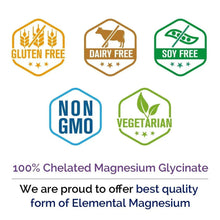 Magnesium glycinate supplement label badges: gluten free, dairy free, soy free