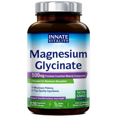 Innate Vitality magnesium glycinate 500mg supplement bottle with label showing 120 vegetarian capsules Non GMO