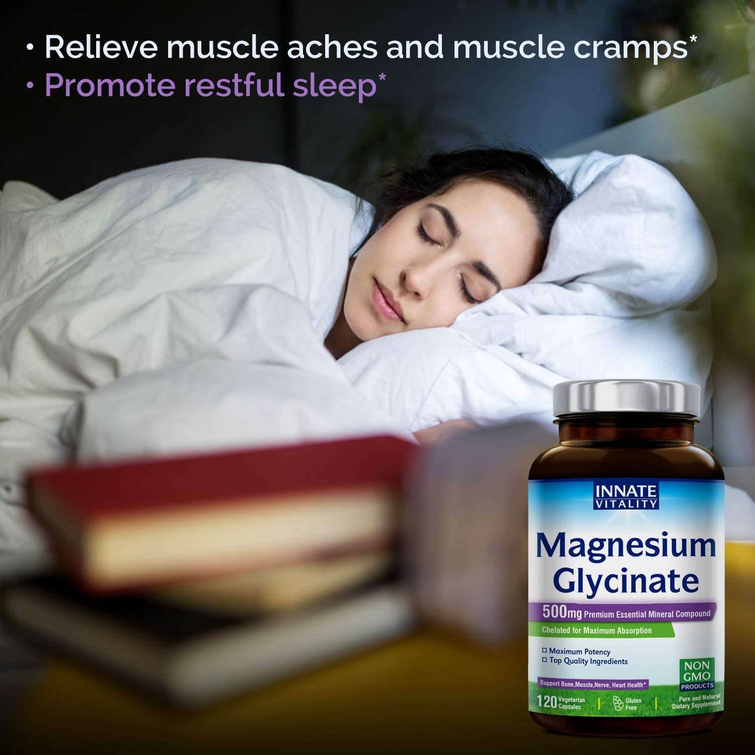 Innate Vitality bottle with magnesium glycinate 500mg supplement next to sleeping woman promoting restful sleep