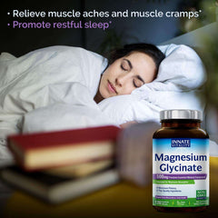 Innate Vitality bottle with magnesium glycinate 500mg supplement next to sleeping woman promoting restful sleep