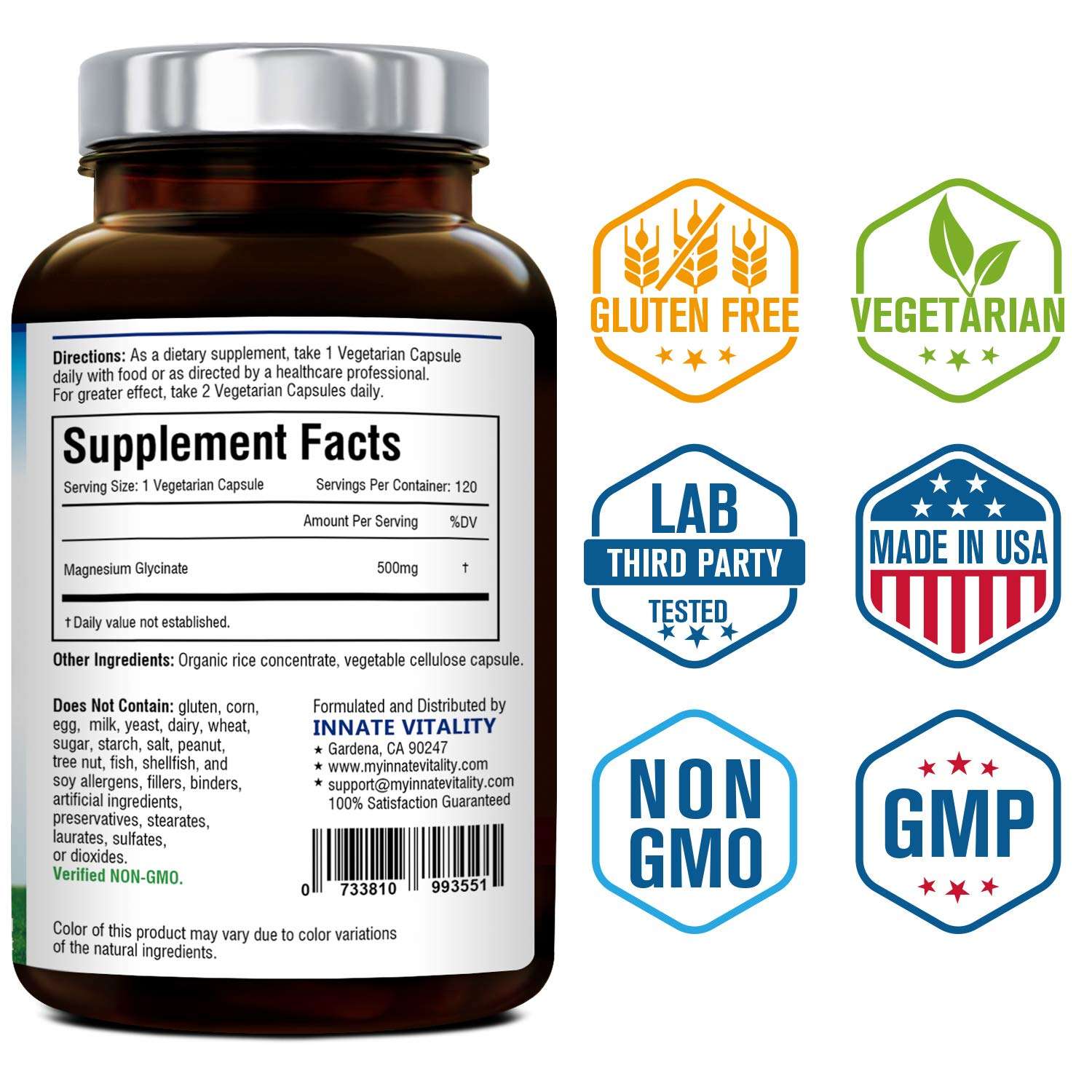 Innate Vitality multivitamin bottle showing supplement facts and quality badges highlighting magnesium glycinate 500mg supplement