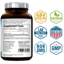 Magnesium glycinate bottle back label with gluten free, vegetarian, and non-GMO badges