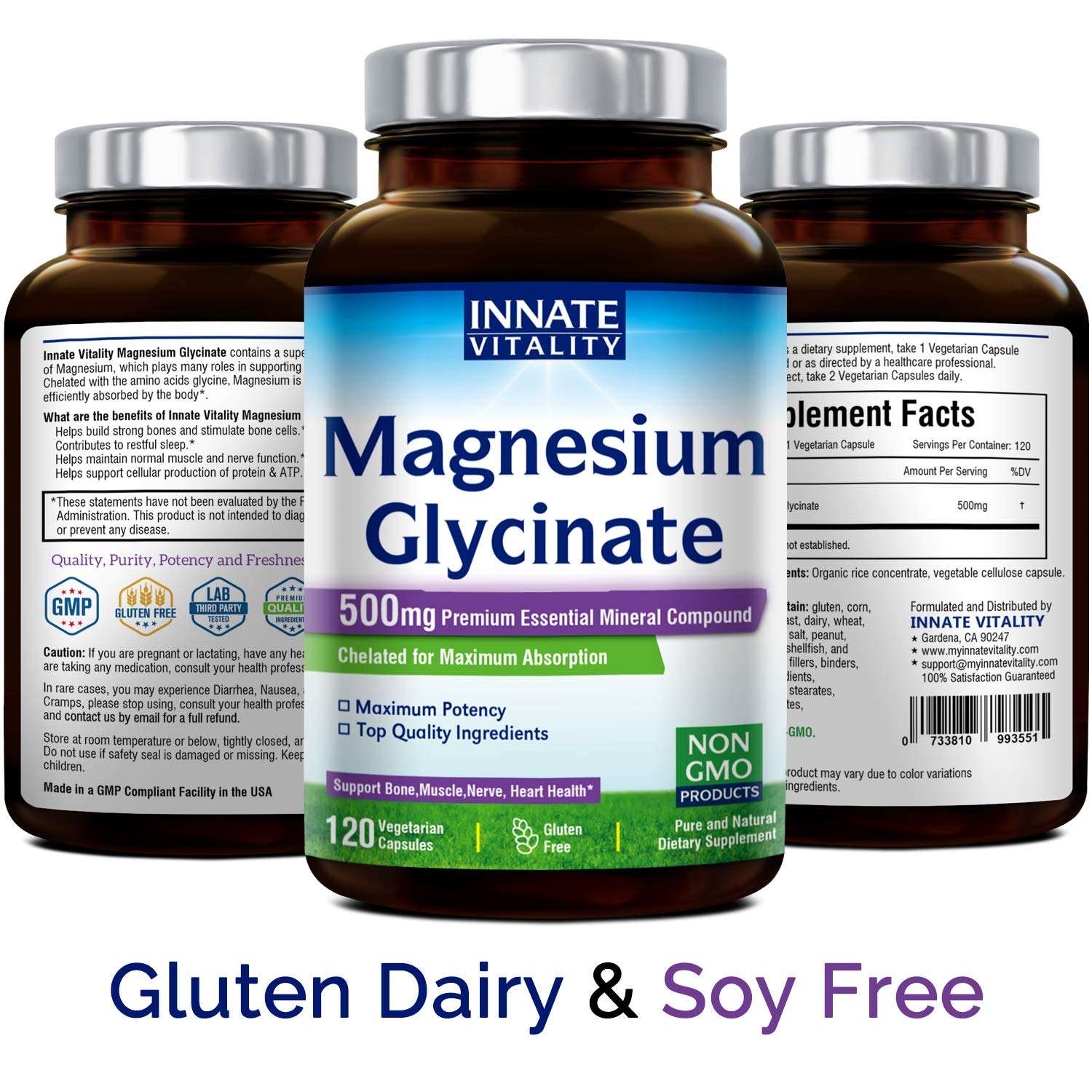 Innate Vitality magnesium glycinate 500mg supplement bottle trio chelated non GMO gluten dairy soy free 120 capsules