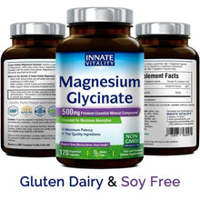 Magnesium glycinate 500 mg supplement bottle set with front and back label panels