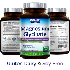 Innate Vitality magnesium glycinate 500mg supplement bottle trio chelated non GMO gluten dairy soy free 120 capsules