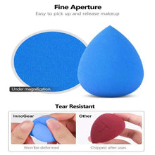 Makeup sponge, blue teardrop shape with flat side for easy makeup pickup