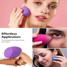 Purple teardrop makeup sponge pressed to cheek for smooth foundation application