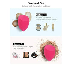Pink and tan makeup sponges, teardrop shapes for applying wet or dry makeup
