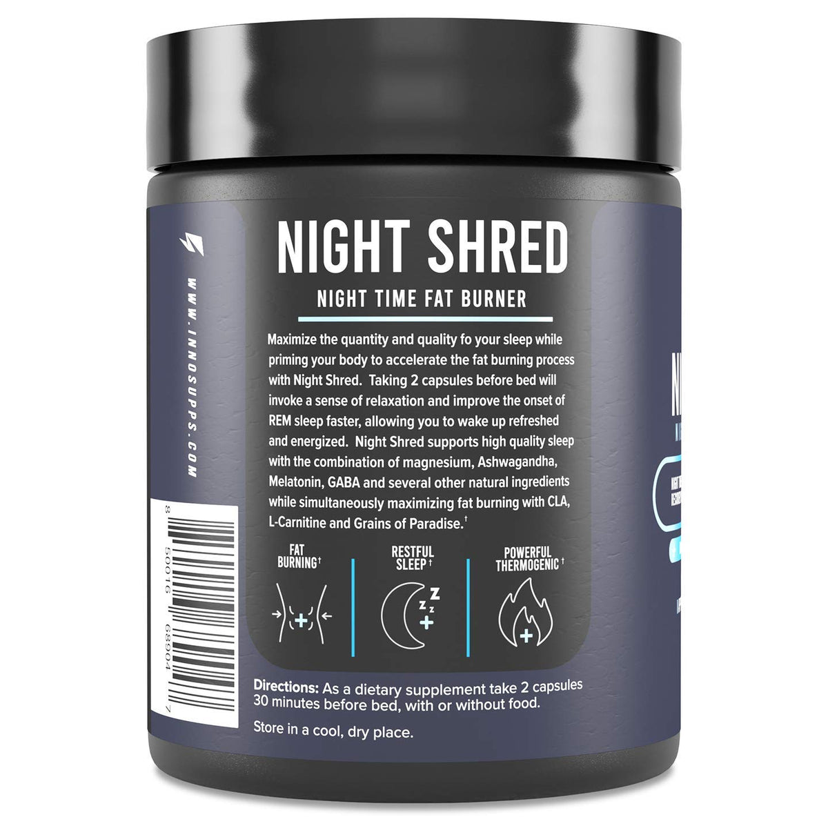 Inno Supps Night Shred review jar showing Night Shred nighttime fat burner supplement label
