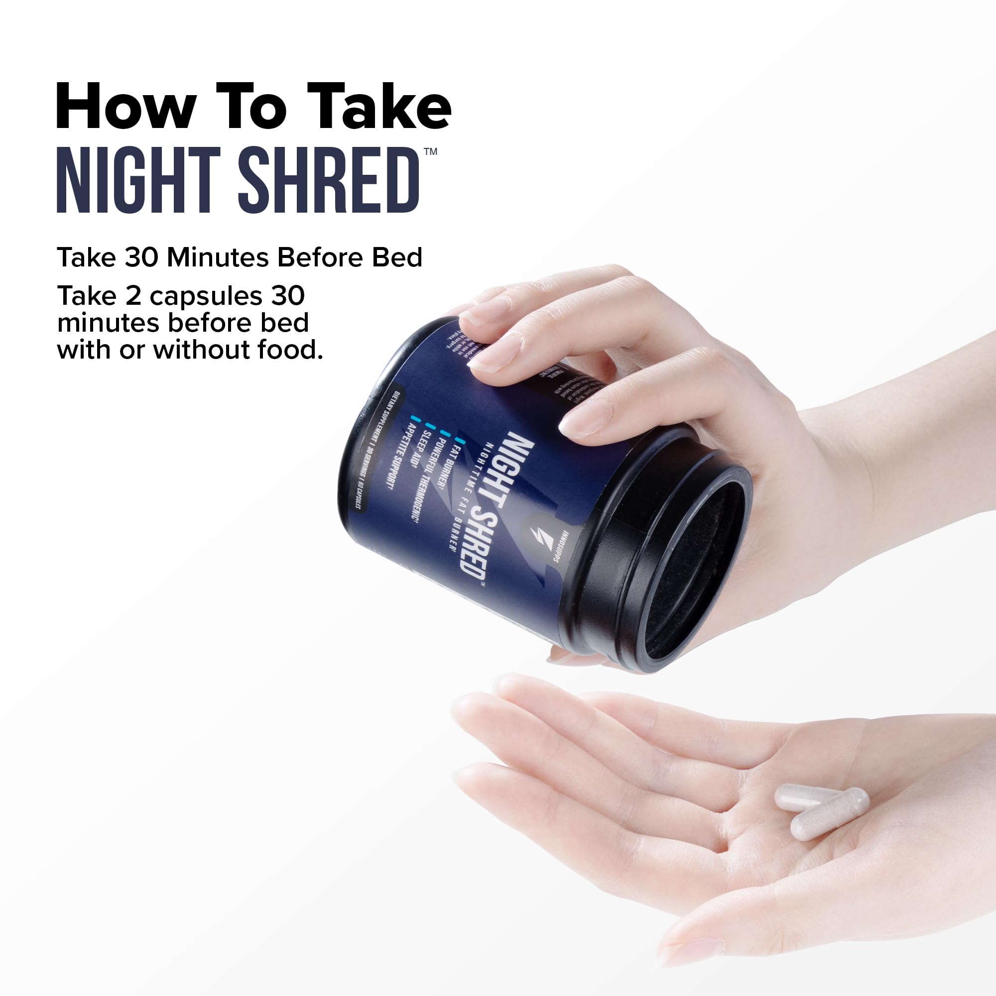 Inno Supps Night Shred review showing dark blue Night Shred jar pouring two capsules into hand with dosing instructions