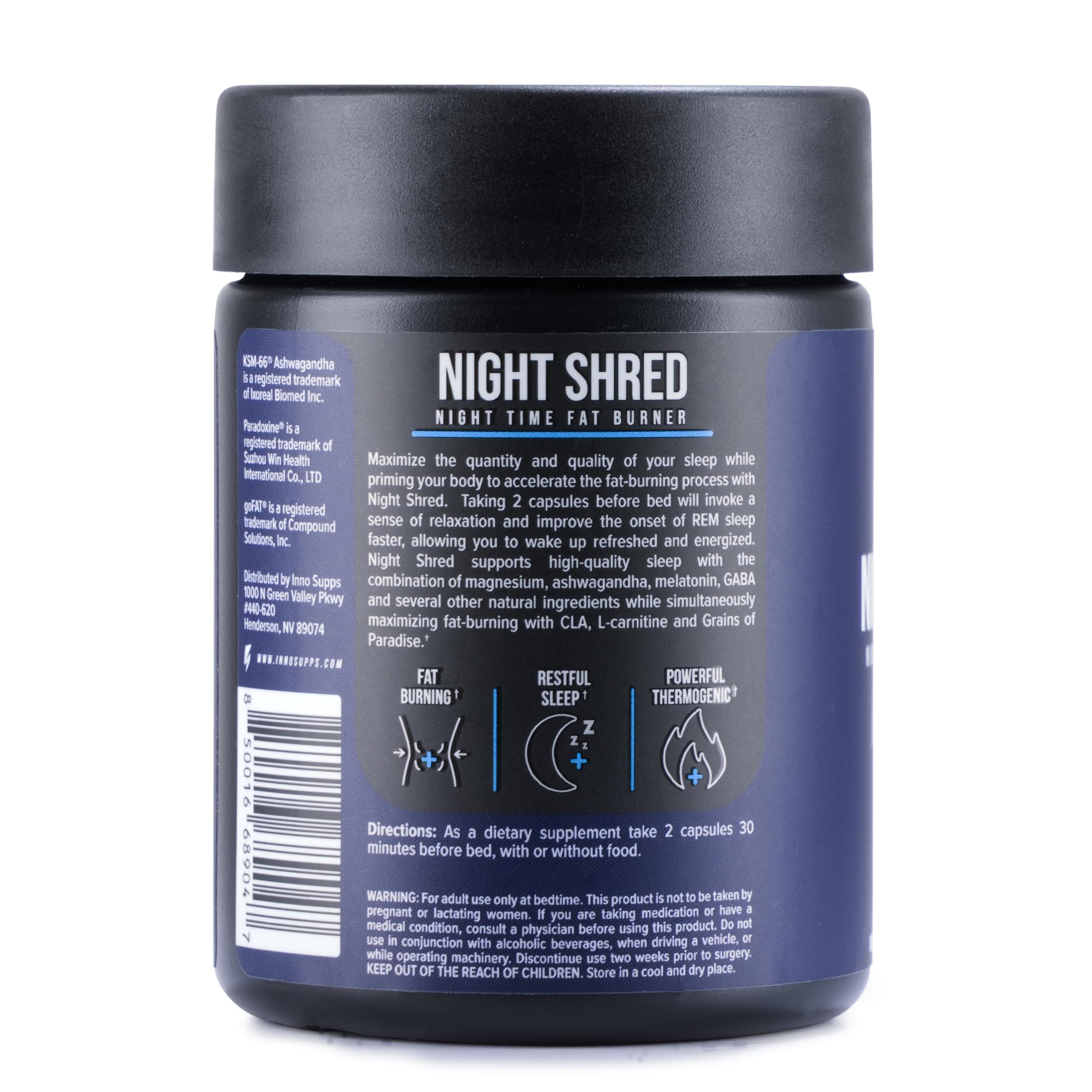 Inno Supps Night Shred review label showing Night Shred night time fat burner jar for sleep and fat burning