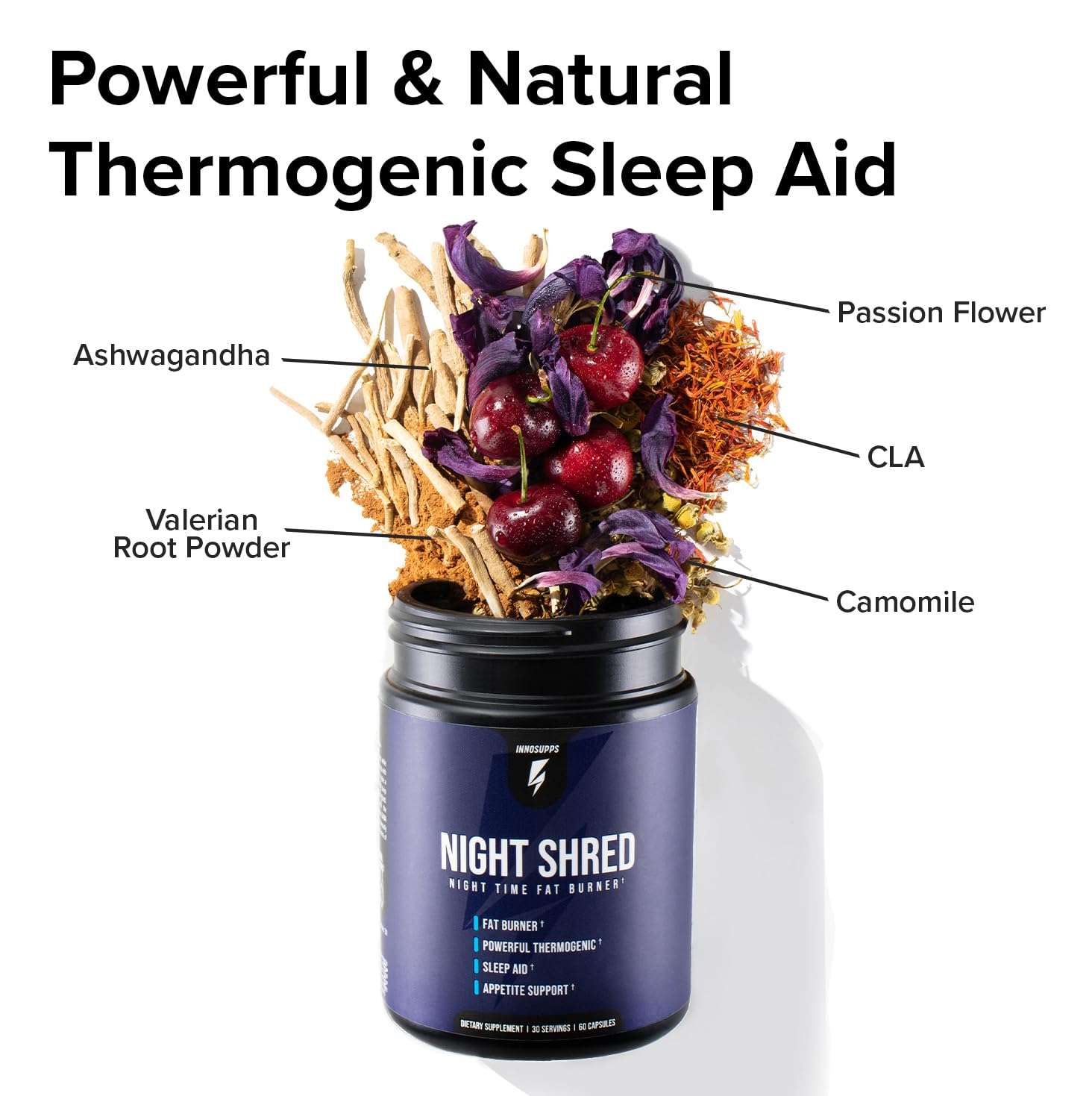 Inno Supps Night Shred review jar of Night Shred natural thermogenic sleep aid with cherries herbs roots
