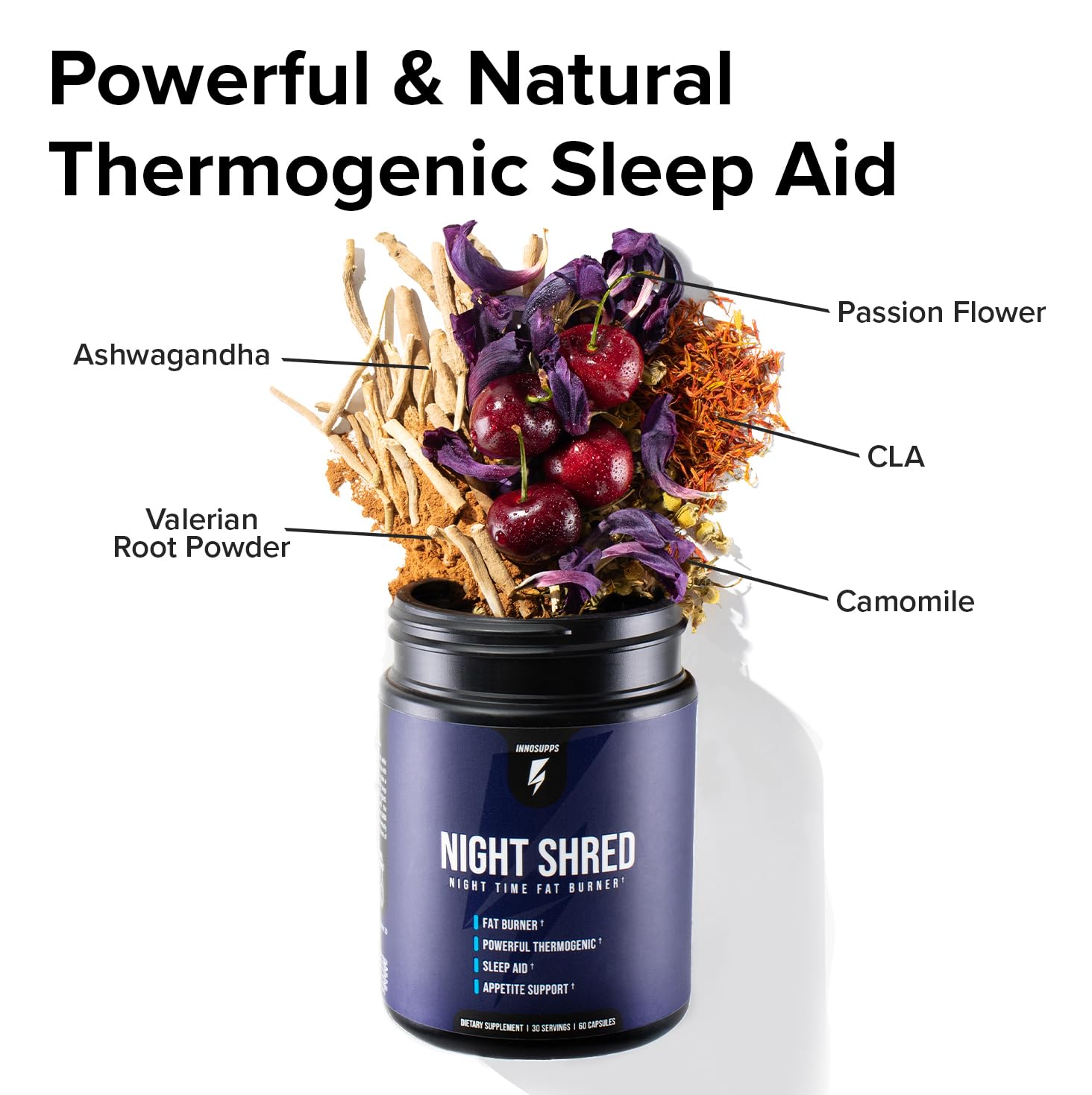Inno Supps Night Shred review jar of Night Shred natural thermogenic sleep aid with cherries herbs roots