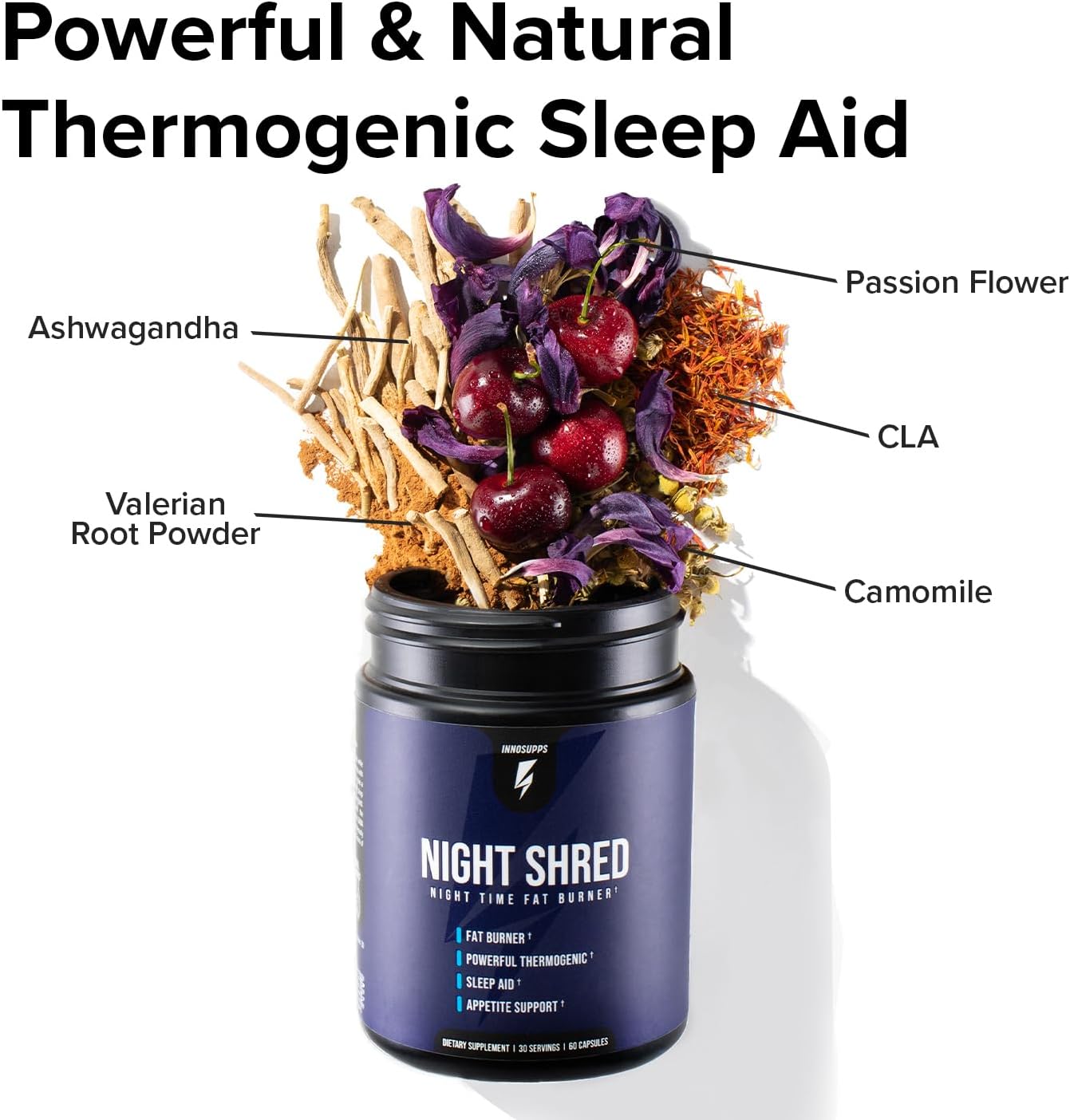 Inno Supps Night Shred review showing supplement jar with cherries ashwagandha valerian chamomile passion flower CLA
