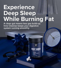 Inno Supps Night Shred review jar and capsules on blue book with clock lamp and glasses showing sleep and fat burn