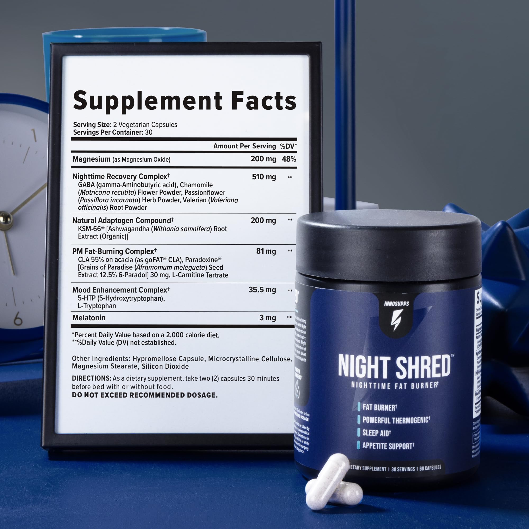 Jar of Inno Supps Night Shred nighttime fat burner with supplement facts label and capsules Inno Supps Night Shred review