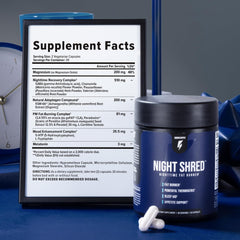 Jar of Inno Supps Night Shred nighttime fat burner with supplement facts label and capsules Inno Supps Night Shred review