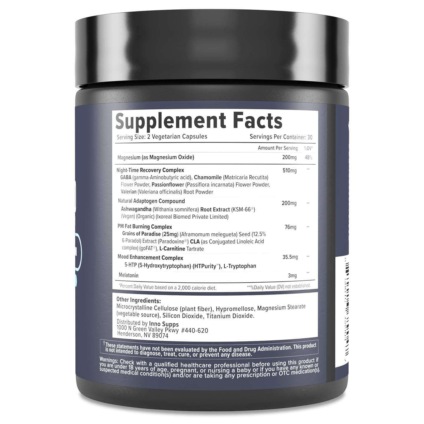Inno Supps Night Shred review supplement facts label on black jar showing ingredients dosages