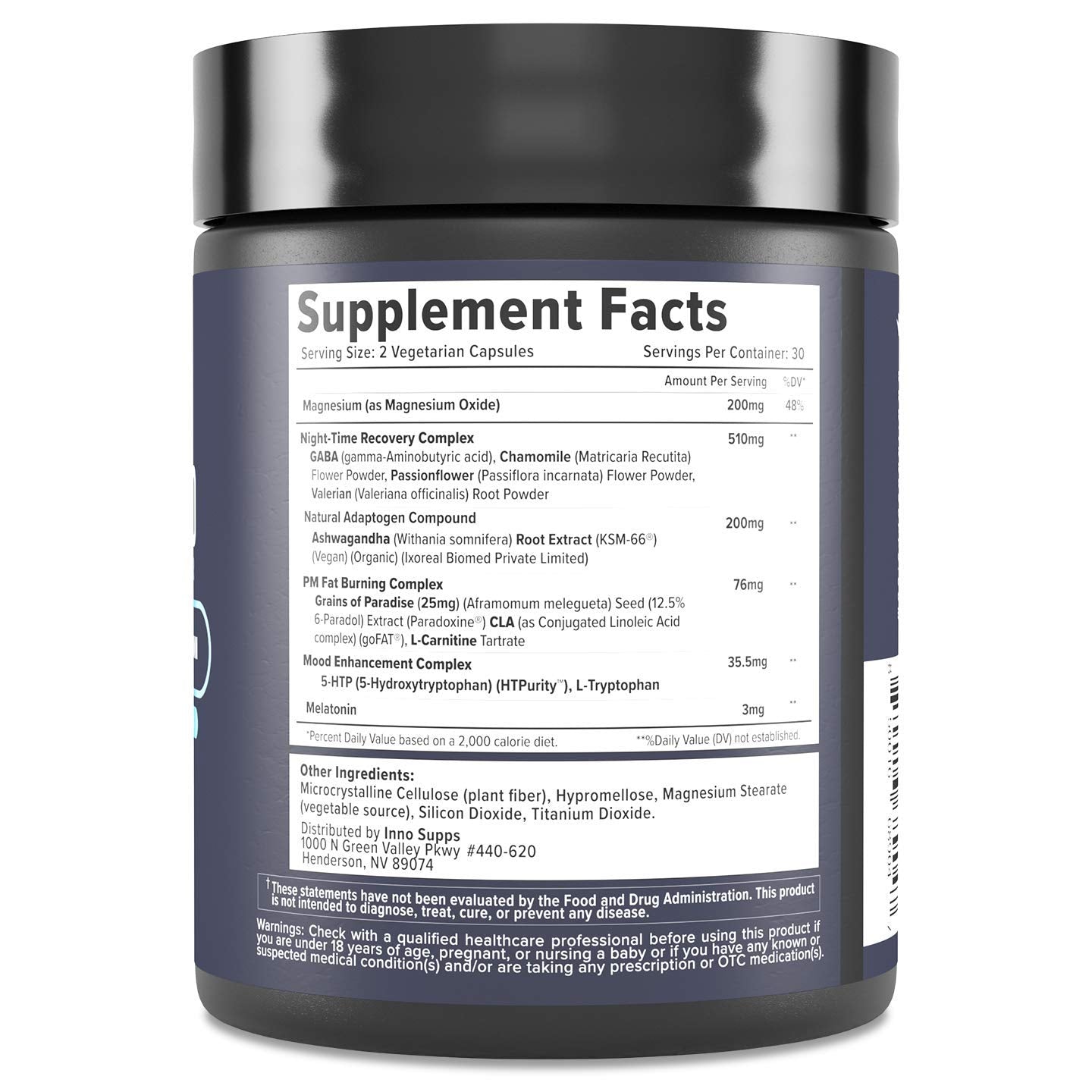 Inno Supps Night Shred review supplement facts label on black jar showing ingredients dosages