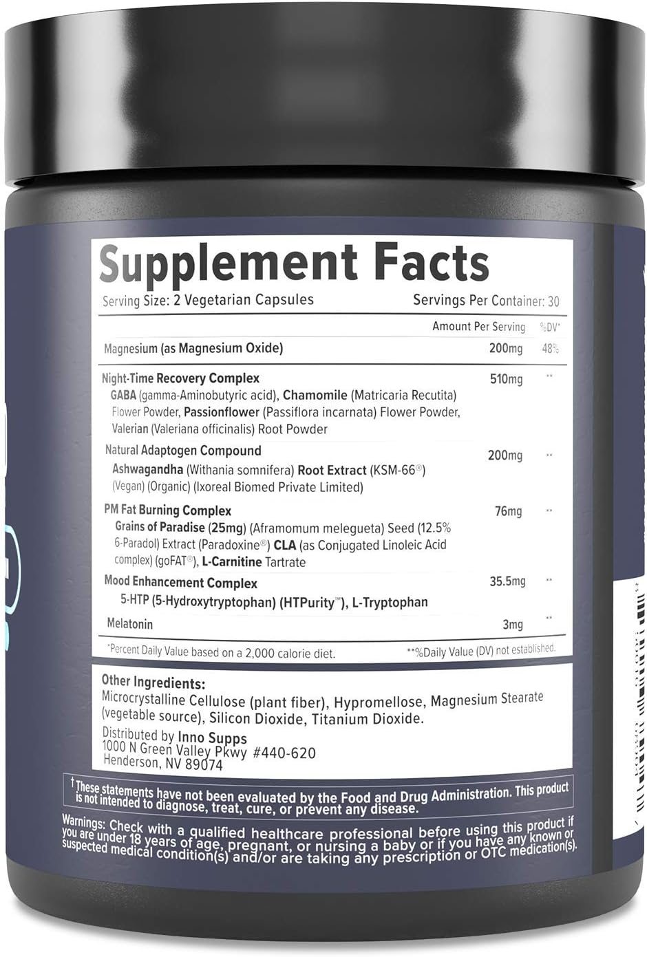 Inno Supps Night Shred review showing supplement facts label and ingredient list on dark purple jar