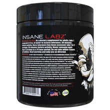 Black pre workout tub back label with directions and warning information