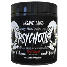 Black pre workout supplement tub with Psychotic label and Fruit Punch flavor info