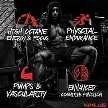 Pre workout marketing poster with seated athlete and icons for energy and endurance