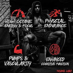 Insane Labz psychotic pre workout powder UAE promotional image of a muscular man in gym highlighting energy focus pumps vascularity
