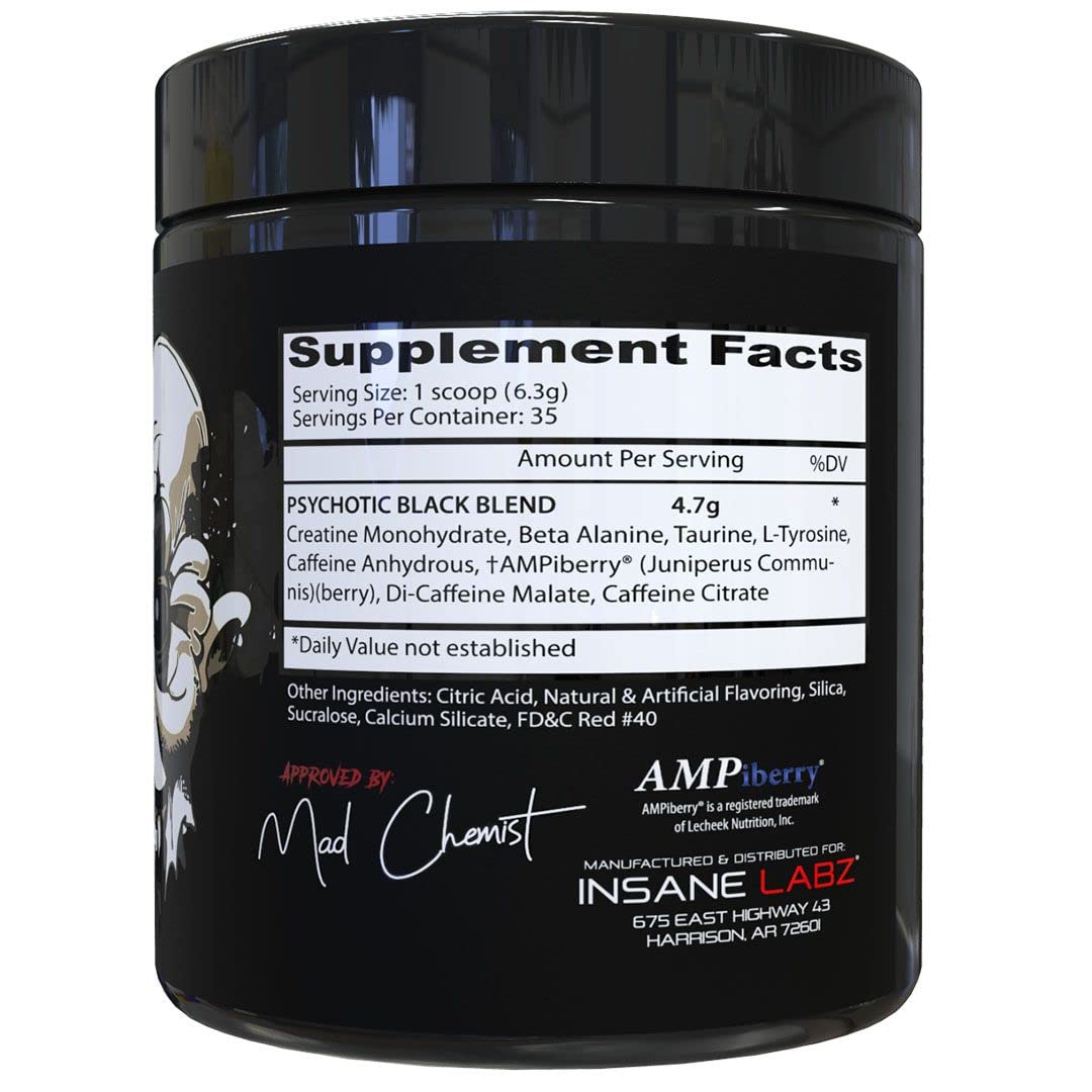 Insane Labz psychotic pre workout powder UAE black jar showing supplement facts label and branding