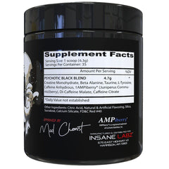 Insane Labz psychotic pre workout powder UAE black jar showing supplement facts label and branding