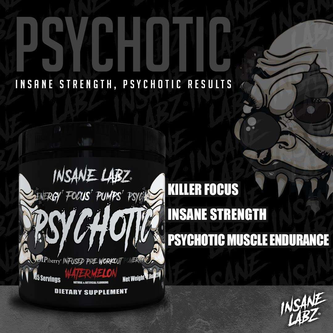 Insane Labz Psychotic watermelon pre workout tub with clown skull art psychotic pre workout powder UAE