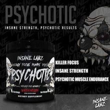 Pre workout supplement tub with Psychotic graphic and performance claim text