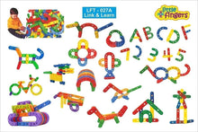 Interlocking click-clack letters, numbers, and curved plastic track pieces, multicolor
