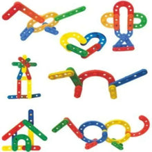 Interlocking plastic track pieces and letter shapes, multicolor