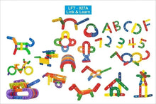 Interlocking letter and number toy pieces with rainbow track, multicolor