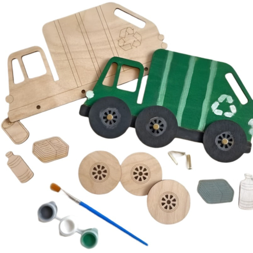 Huitich interactive vehicle paint kit with wooden truck parts, paintbrush, and paint pots for creative crafting
