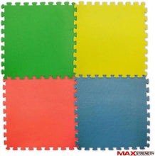 Four-piece foam mat tiles: green, yellow, red, and blue squares with interlocking edges