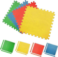 Multicolor interlocking foam mat tiles in green, red, yellow, and blue with puzzle edges