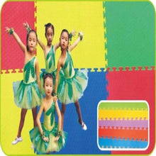Interlocking sports flooring mat with red, yellow, green, and blue foam puzzle panels