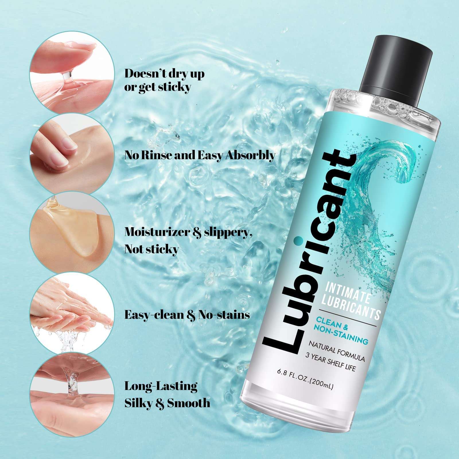 FDTY intimate lubricant bottle on aqua splash background with application photos water based lube UAE
