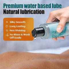 FDTY pump bottle dispensing clear gel on back skin showing silky smooth long lasting water based lube UAE