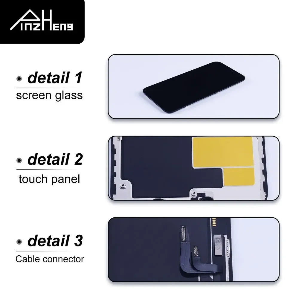 iPhone screen replacement UAE showing black display glass touch panel and cable connector components
