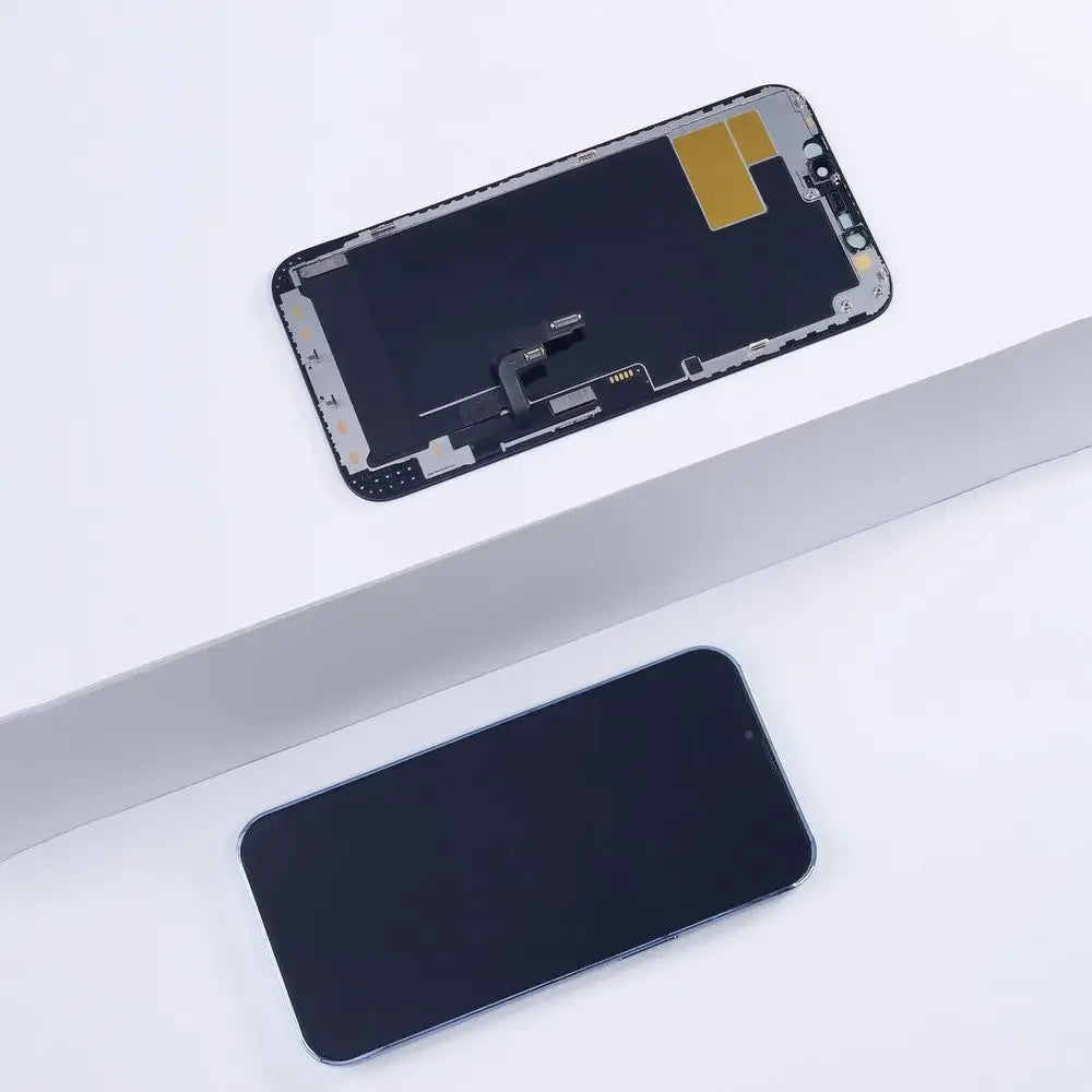 Mumzar iPhone screen replacement UAE front display assembly and detached glass panel on white background