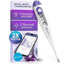 Digital basal body thermometer with purple LCD display, white body, and metal tip