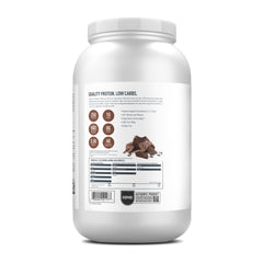 Isopure low carb whey protein powder white container showing product label nutrition facts and chocolate image on back