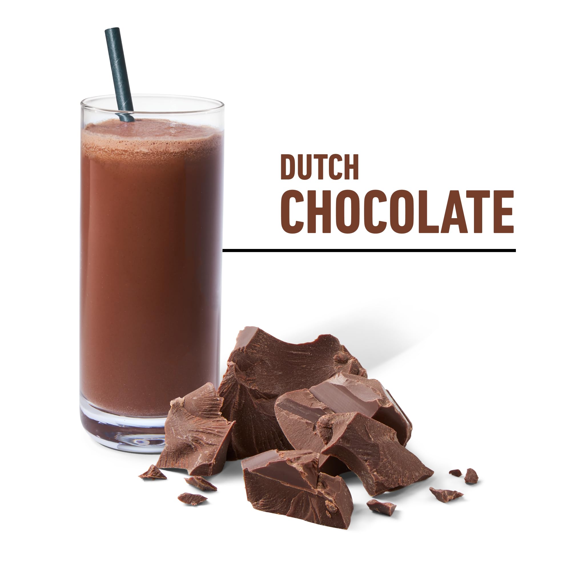 Isopure low carb whey protein powder Dutch Chocolate flavor shake in glass with straw and chocolate chunks