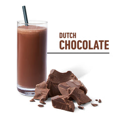 Isopure low carb whey protein powder Dutch Chocolate flavor shake in glass with straw and chocolate chunks