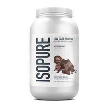 Isopure whey protein isolate powder tub, Dutch chocolate label front